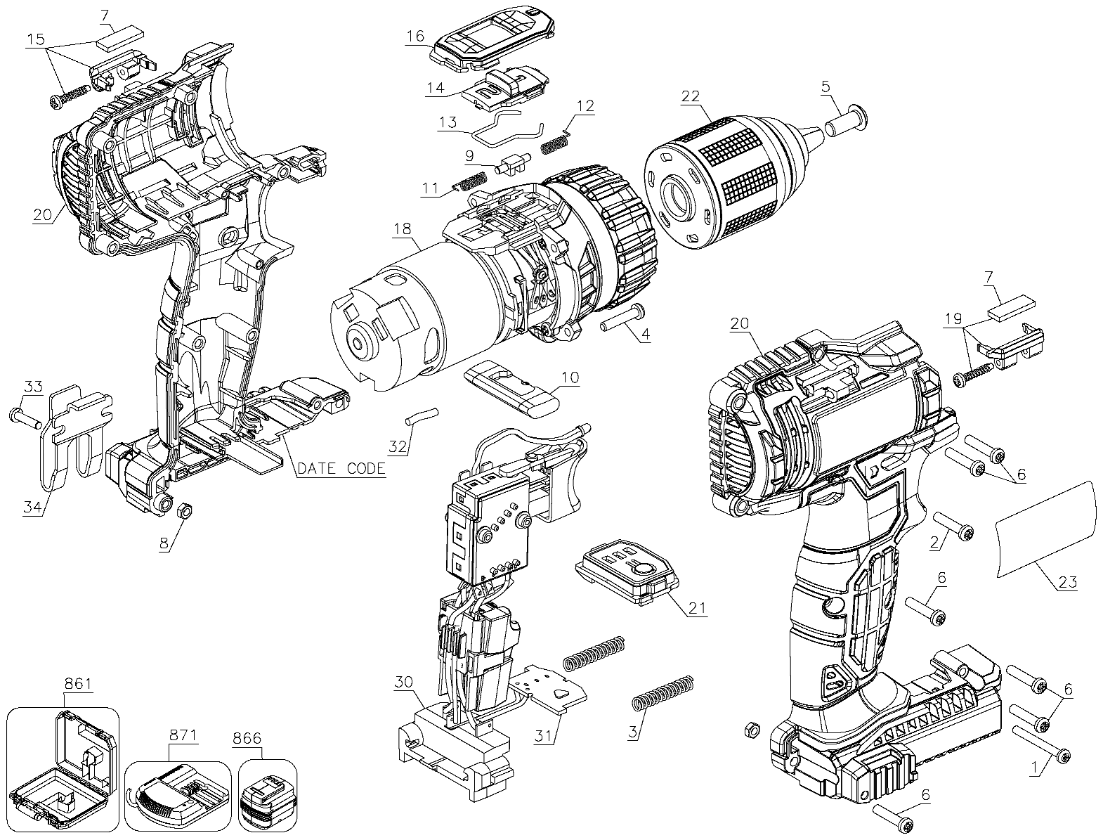 Default Diagram and Parts List for PCC600 Type 1 Porter Cable Boring Machine